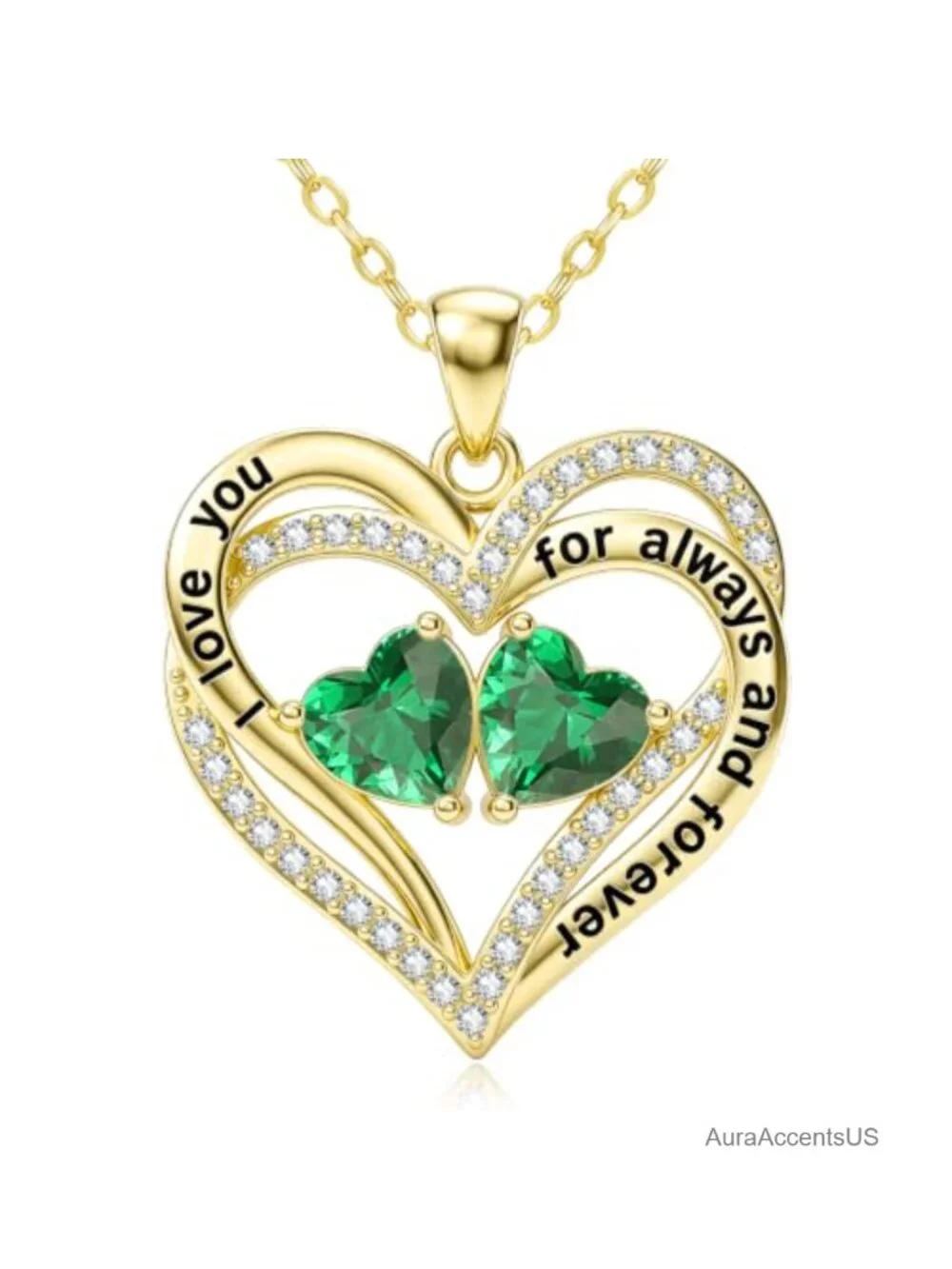 14K Gold Double Intertwined Heart Pendant Birthstone Necklace